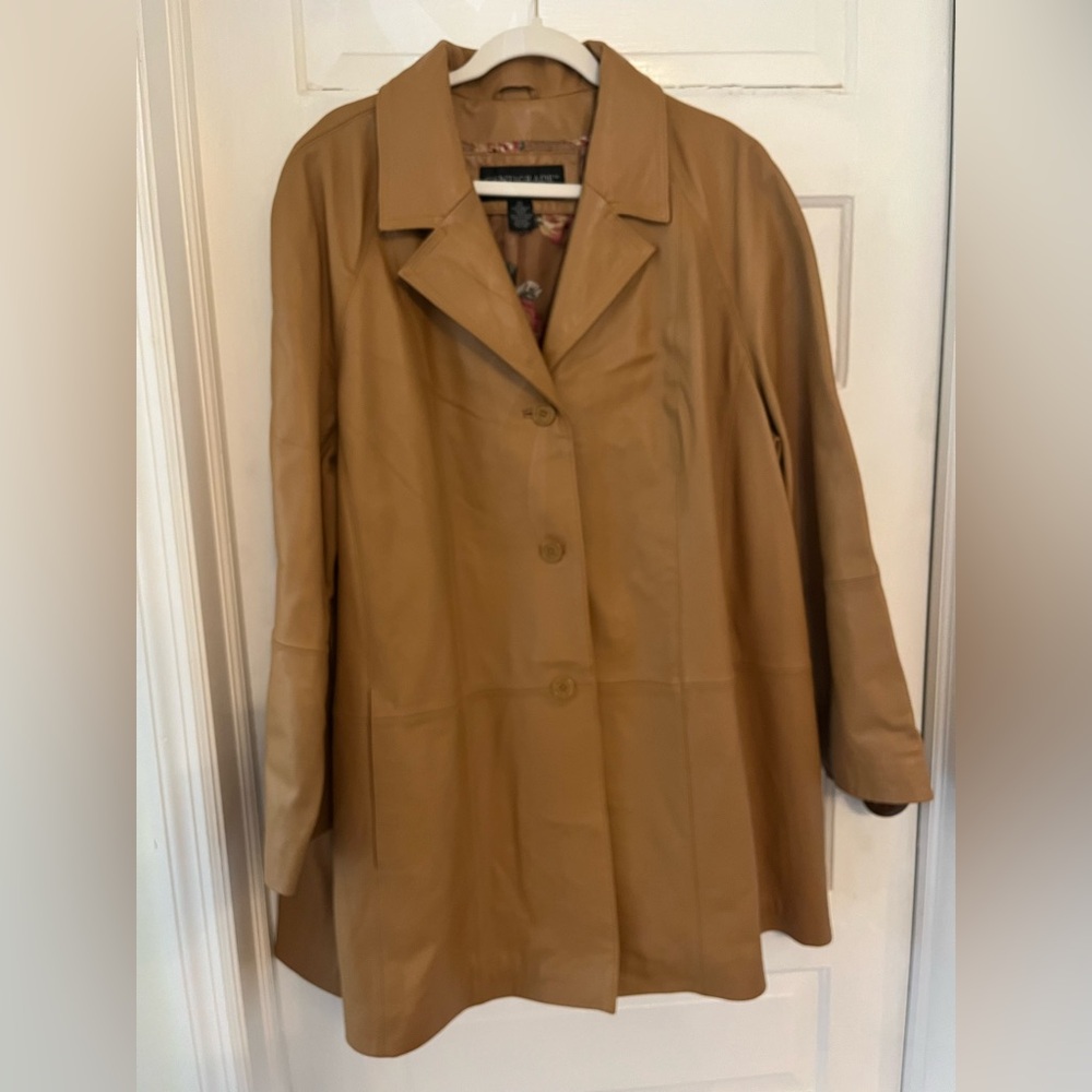 Camel Leather Button-Front Long Jacket - image 1